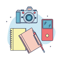 Flat lay photography of a professional editorial setup, showcasing a single camera (Canon EOS R5) with accompanying lenses, lighting equipment, and accessories on a minimalist wooden background.