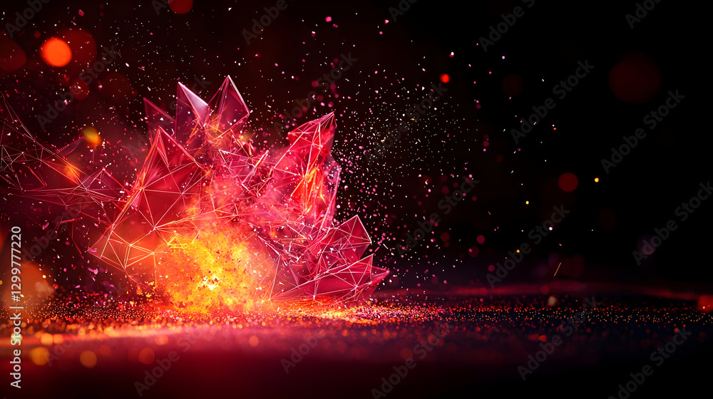 Poster fiery red crystal abstract with sparkling particles against dark background with bokeh lights