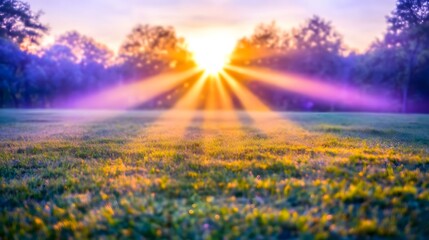 Magical Sunrise Rays Over Grassy Field