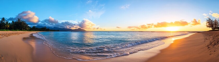 A panoramic view of a tranquil ocean with waves gently rolling onto a pristine beach at sunset.