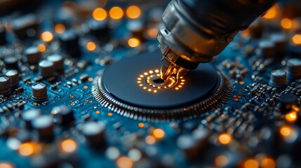 Close-up of precision robotic arm soldering a microchip onto a circuit board.