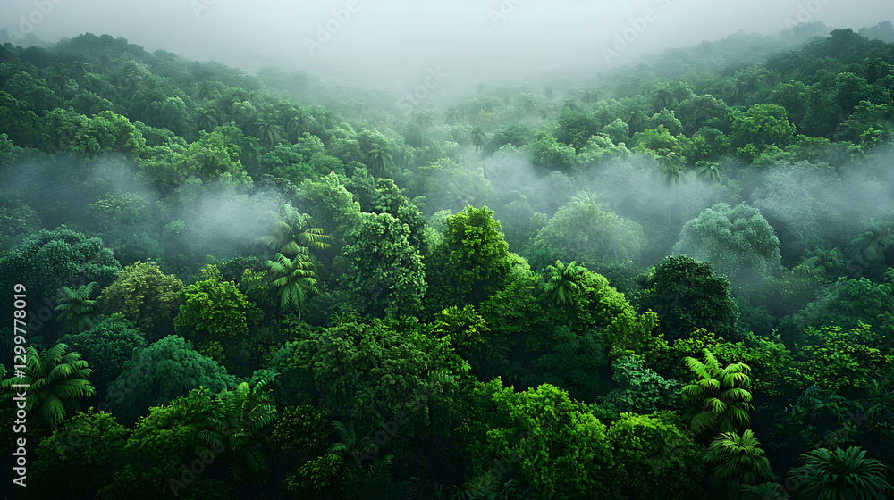 Poster aerial view of dense green forest canopy with mist and fog in lush environment