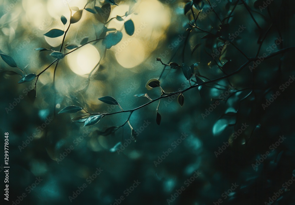Poster soft focus on green leaves in a forest setting with magical light effects creating an enchanting atm