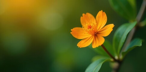 Single bright orange Berberis darwinii blossom on a stem, stem, foliage, orange