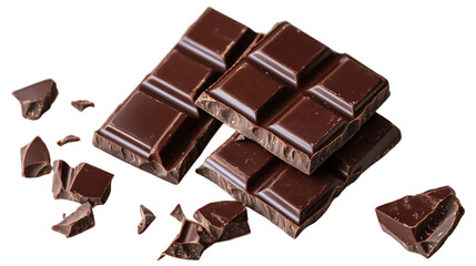 Obraz premium Rich, dark chocolate bars with smaller broken pieces scattered isolated on white background. Suitable for marketing or business purposes. PNG file