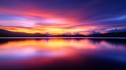 Naklejka premium A serene lake at sunset, with the sky reflecting vibrant hues of pink, purple, and gold in the still water.