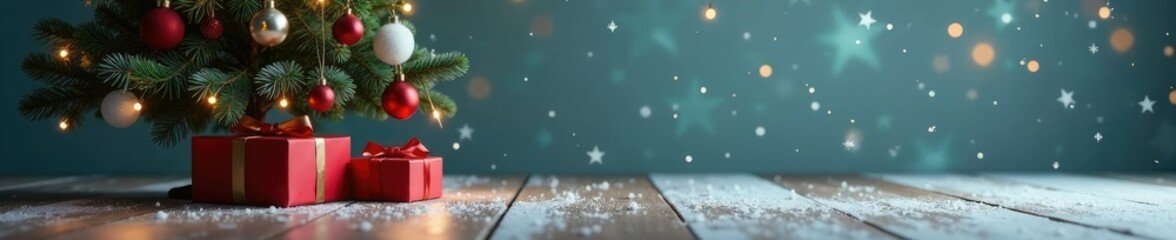 Simple winter scene featuring a small Christmas tree and a gift box on the floor, Winter scene, decoration, colors