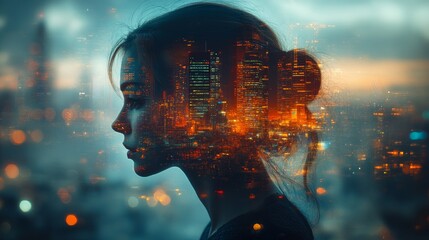 Woman's profile silhouette double exposed with a vibrant cityscape at night.