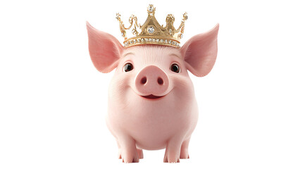 a cute pig wearing a golden crown, The pig is standing, and it seems happy and smiling.