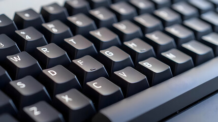 Close Up Black Mechanical Keyboard Keys Perspective with White Letters and Soft Lighting