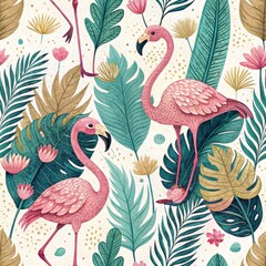 Naklejka premium Seamless Tropical Flamingo Pattern Lush Garden Digital Artwork Vibrant Environment Aerial View Nature Concept
