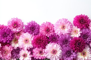 Obraz premium A stunning display of vibrant purple and pink chrysanthemums arranged beautifully on a white background, highlighting their intricate petals.