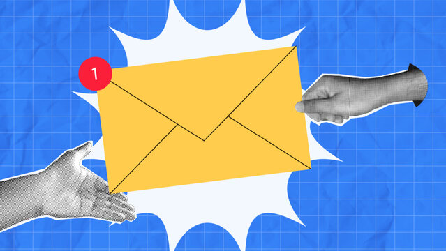 halftone collage, Email communication concept with an envelope, notification badge, and hands exchanging a message. marketing, business emails, digital communication, and inbox management 