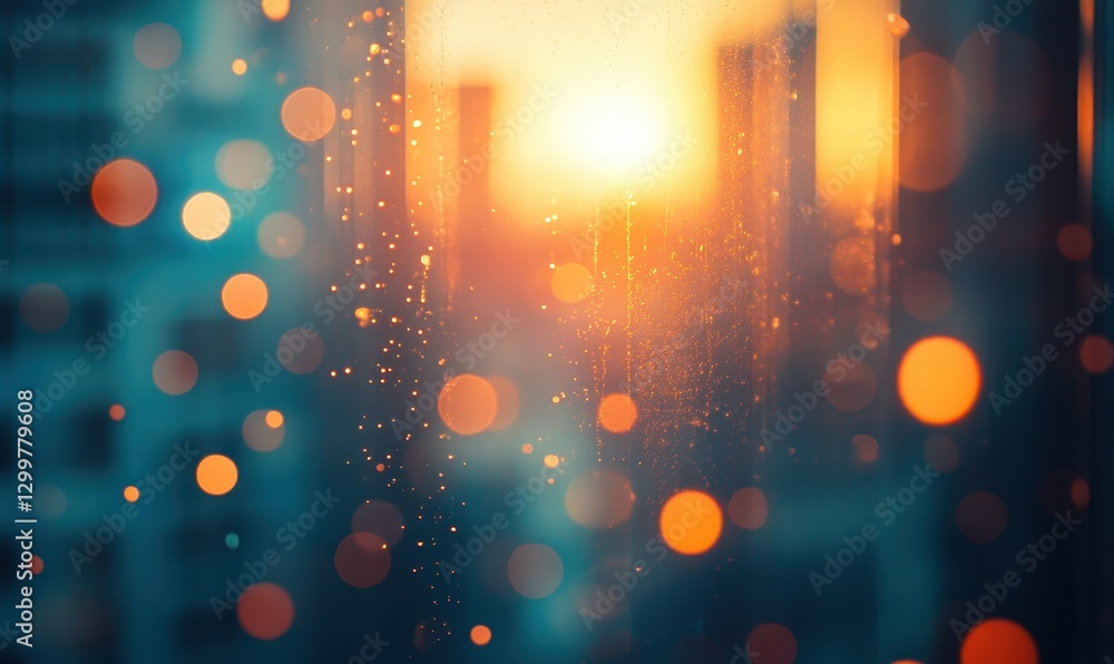 Poster soft golden sunrise through rain-drenched window with atmospheric bokeh effect creating a dreamy and
