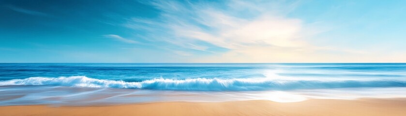 A tranquil beach scene with gentle waves lapping at the shore, the sky painted in soft pastels.