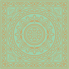 Vector square gold with green ancient Russian ornament. Slavic rectangle, border, frame. Painting of the royal chambers