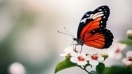 Obraz premium A vibrant butterfly perched on a white flower petal, its wings fully spread against a white background.