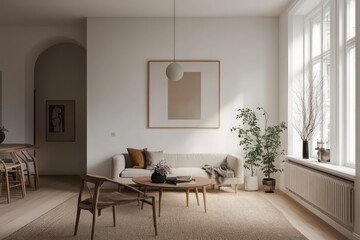 Fototapeta premium A stylish and minimalistic Scandinavian living space featuring a warm color palette, clean lines, and textured accents.