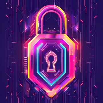 Neon padlock cybersecurity digital background