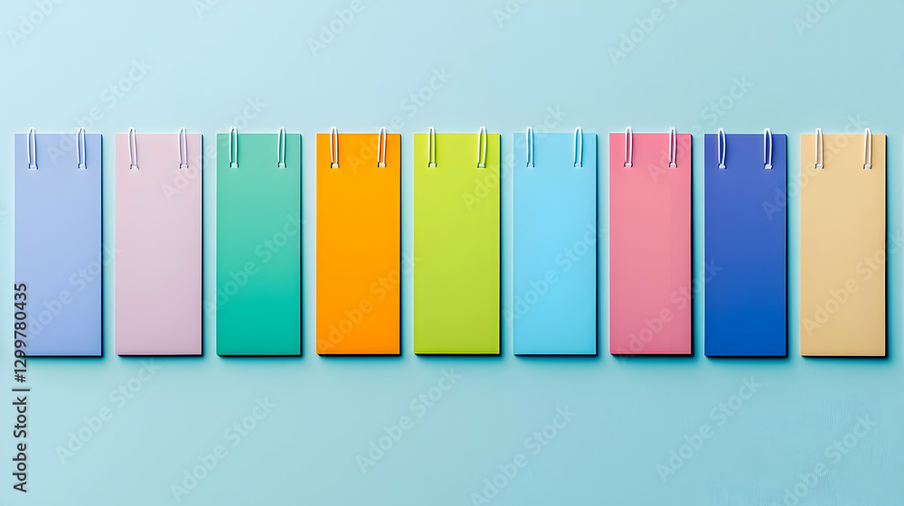 Poster array of colorful rectangular blocks arranged in a row against a light blue background