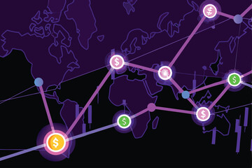 Vivid neon nodes and lines forming a complex financial network, glowing brightly against a dark background.  Illustrate intricate connections and data flow.