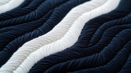 Embroidered minimalist concept. A close-up of textured fabric featuring wavy stripes in dark navy and white tones, showcasing depth and intricacy in its design.