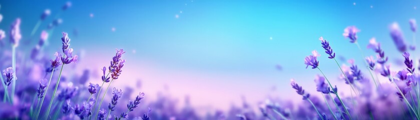 A wide field of lavender flowers swaying gently in the breeze, with the soft purple of the blooms contrasting against the vivid blue sky.