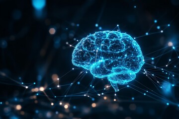 Abstract AI Brain A digital representation of an artificial intelligence brain, glowing with electric blue neural connections and circuits, symbolizing deep learning.