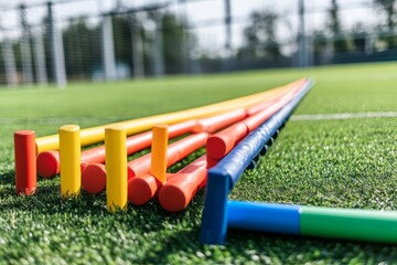 Colorful Training Equipment on Green Artificial Turf for Sports Activities