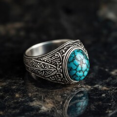 Handcrafted Silver Turquoise Ring with Tribal Engravings on a Dark Marble Surface