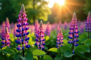 Obraz premium Lupine blooms burst forth from the underbrush, trees, sun