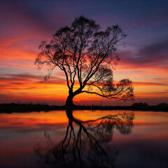 Beautiful sunset over the lake and river with orange and red reflections on the water, silhouetted trees, and a colorful sky