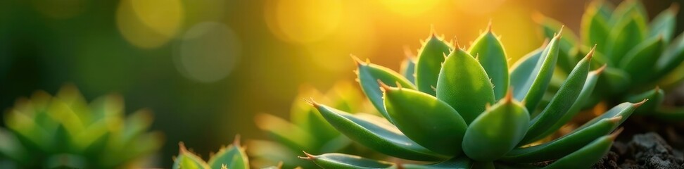 Golden light reflects off delicate Opuntia cactus leaves, greenery, succulent