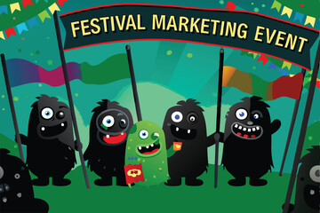 A whimsical illustration of diverse, friendly monsters playfully holding flags with catchy slogans, vibrant colors, cartoon style.