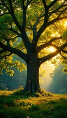 Fototapeta premium Golden hues dance upon the tree's sprawling canopy, leaves, greenery