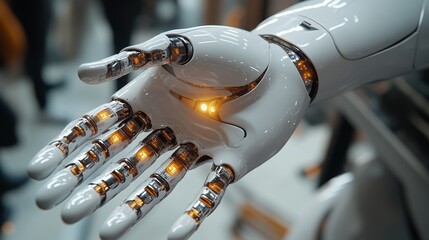 Close-up of a robotic hand with glowing joints, offering a helping hand.