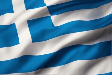 Obraz premium Closeup of waving Greek flag with blue and white stripes and cross on blue background, topdown perspective view.
