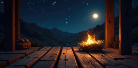Gentle starlight casts a warm glow on manger's wooden planks, soft, flames