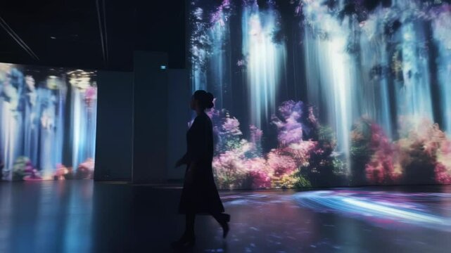 Dark silhouette of elegant visitor walking inside interactive room with colorful projected nature and light beams, enjoying immersive experience in contemporary art gallery