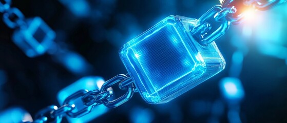 Blockchain and Cryptocurrency Concept A futuristic digital blockchain network with glowing cubes interconnected by bright blue chains, floating in cyberspace.