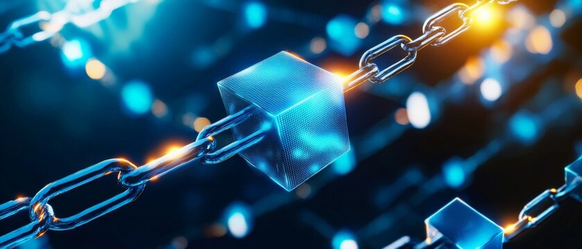 Blockchain and Cryptocurrency Concept A futuristic digital blockchain network with glowing cubes interconnected by bright blue chains, floating in cyberspace.