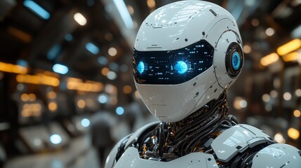 Close-up of a futuristic white robot's head with glowing blue eyes in a factory setting.