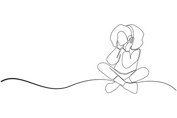 Girl listening to music with headphones isolated line drawing. Entertainment concept hand-drawn illustration.