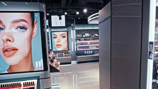 Digital signage displaying vivid model's face within contemporary beauty store. Highlighting makeup and skincare products positioned strategically across sleek retail shelves and minimalist counters