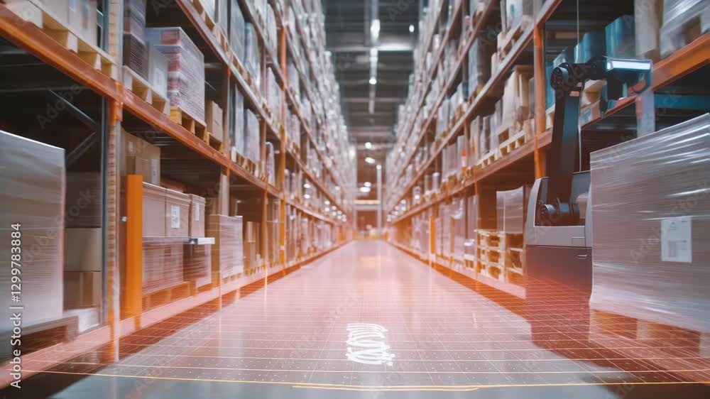 Poster autonomous guided vehicle navigating distribution center shelves, transporting merchandise using adv