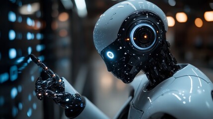 Advanced humanoid robot interacting with a digital interface.