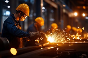Dynamic industrial scene of factory workers operating heavy machinery, sparks flying as metal is processed, with bold lighting and shadows.