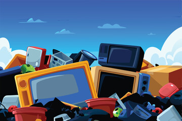 Generate a whimsical illustration of a landfill overflowing with cartoon-style trash  bottles, cans, toys, food wrappers, etc.  Bright, cheerful colors.