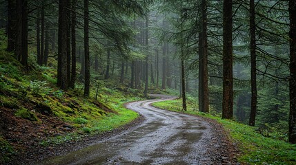 Fototapeta premium Winding Road Through Misty Forest Nature Scene Landscape Photography Tranquil Environment Serene View
