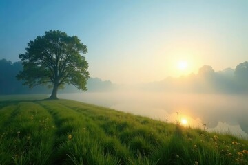 Obraz premium Gentle morning mist amidst a clear blue sky and sun, nature, peaceful, atmosphere